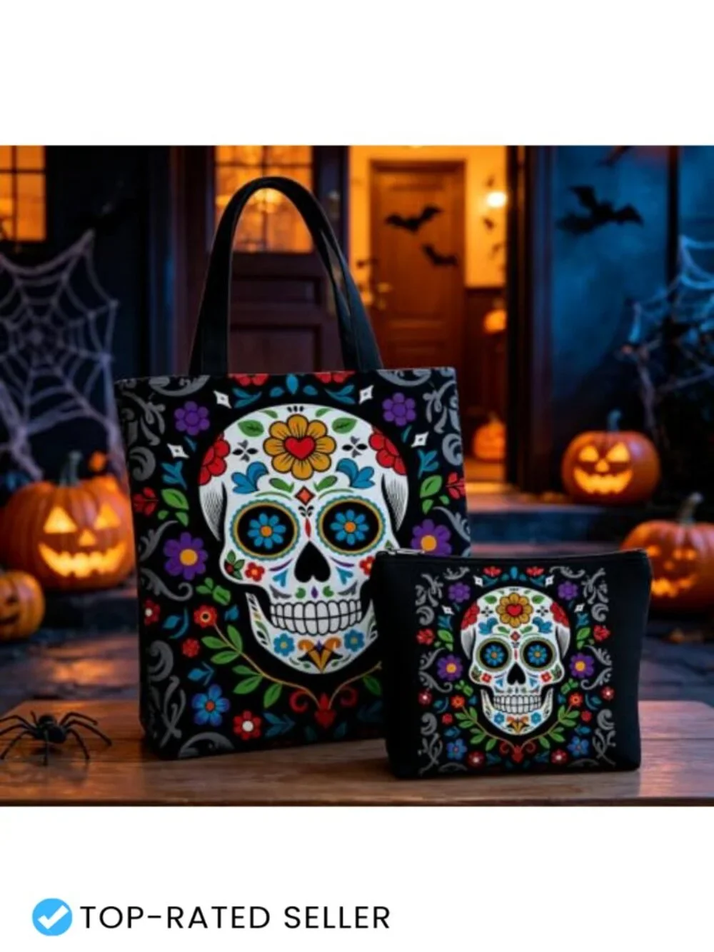 2Pc Canvas Tote & Cosmetic Bag Set Skull Flower Goth Halloween Accessories